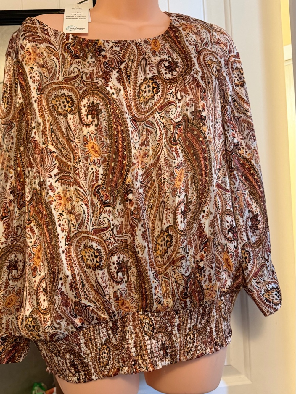 cleo Brown  Burgundy Paisley Smocked-Hem Blouse